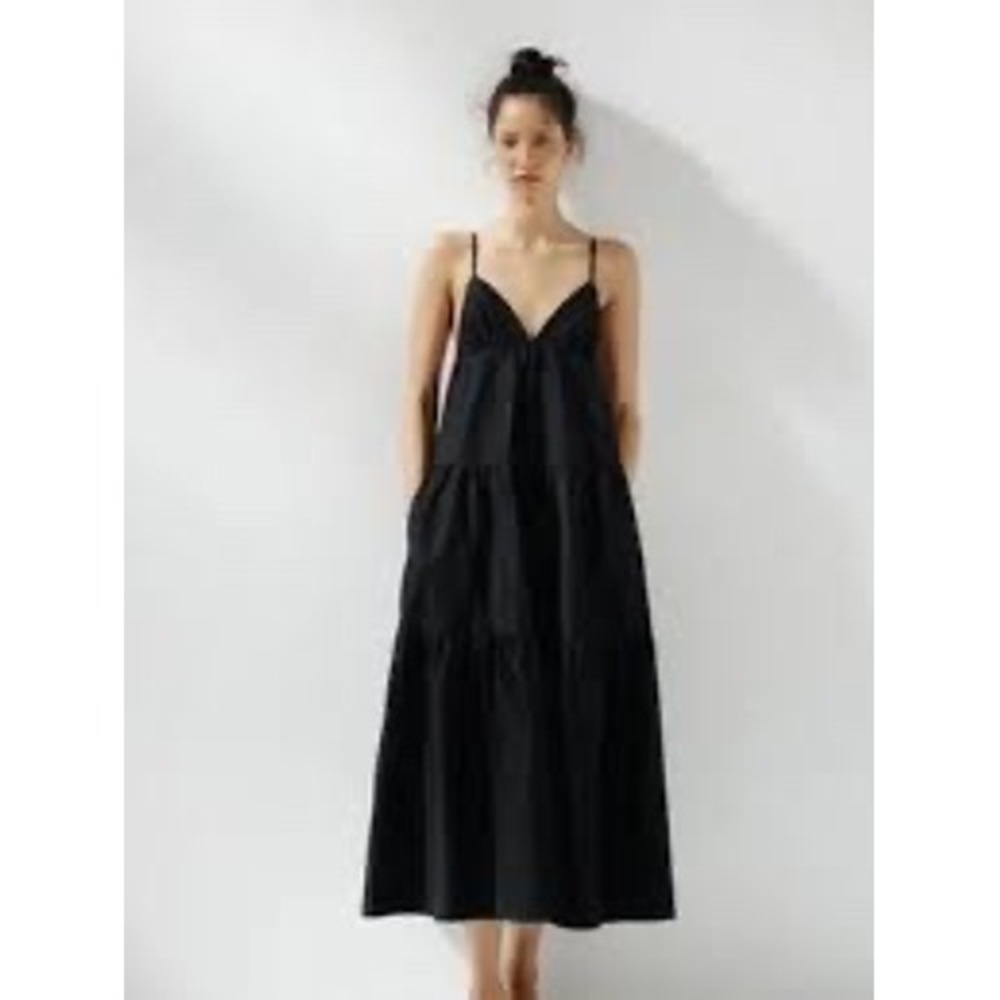 Zara Black Cotton Tiered Maxi Dress Poplin LBD Pockets Sundress Medium